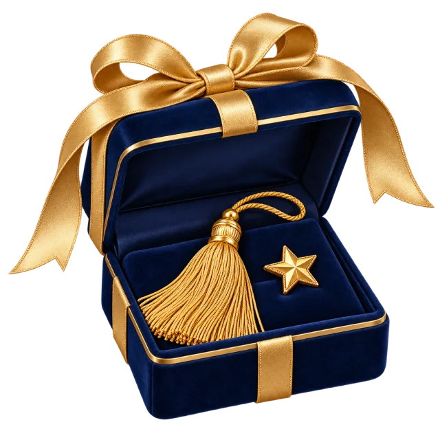 Open navy keepsake box holding a gold-colored graduation tassel and star charm