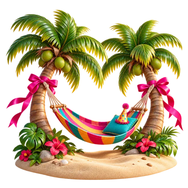 Miniature tropical scene with a colorful hammock between palm trees decorated with bows