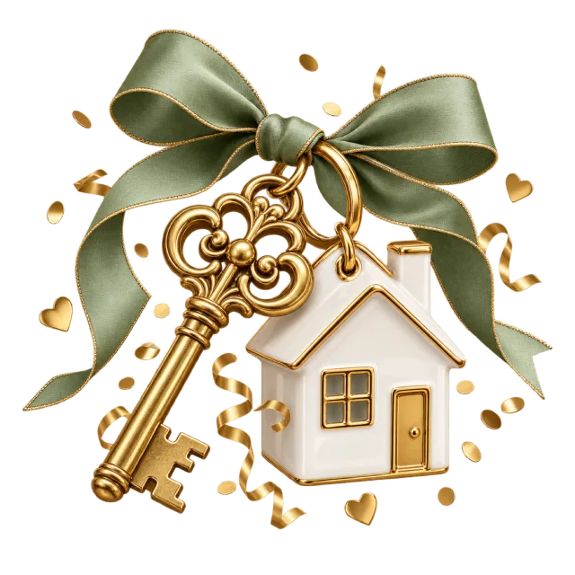 Ornate gold-colored key and small house charm beneath a sage green bow
