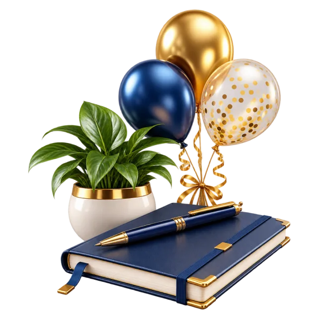 Navy notebook and pen beside a potted plant and small blue and gold balloon bouquet
