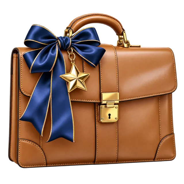 Brown briefcase with a navy ribbon bow and dangling gold-colored star charm