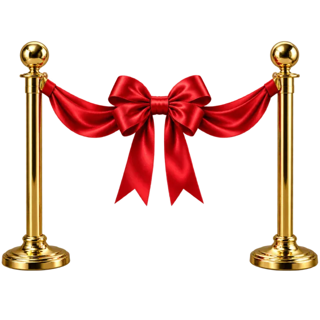 Two gold-colored posts holding a red ribbon with a large central bow