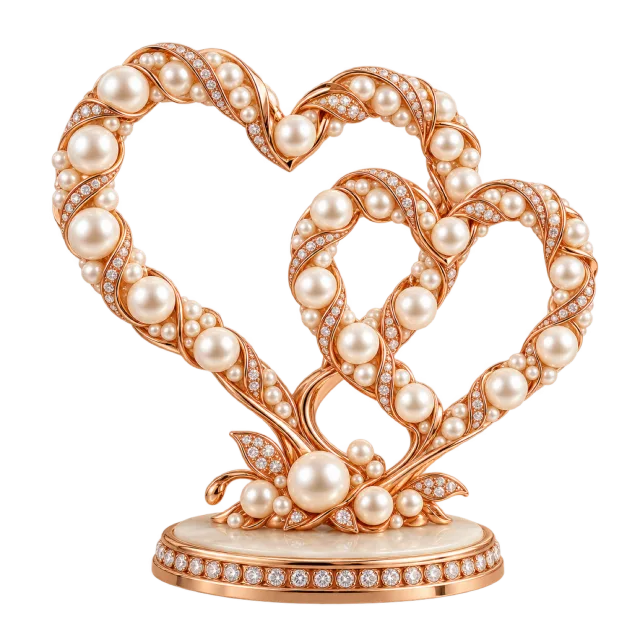 Two pearl-decorated open hearts on a rose gold-colored ornamental base