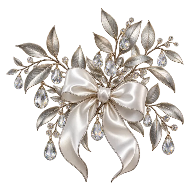 Silver-colored leaves and hanging crystal-like drops surrounding a large silver bow