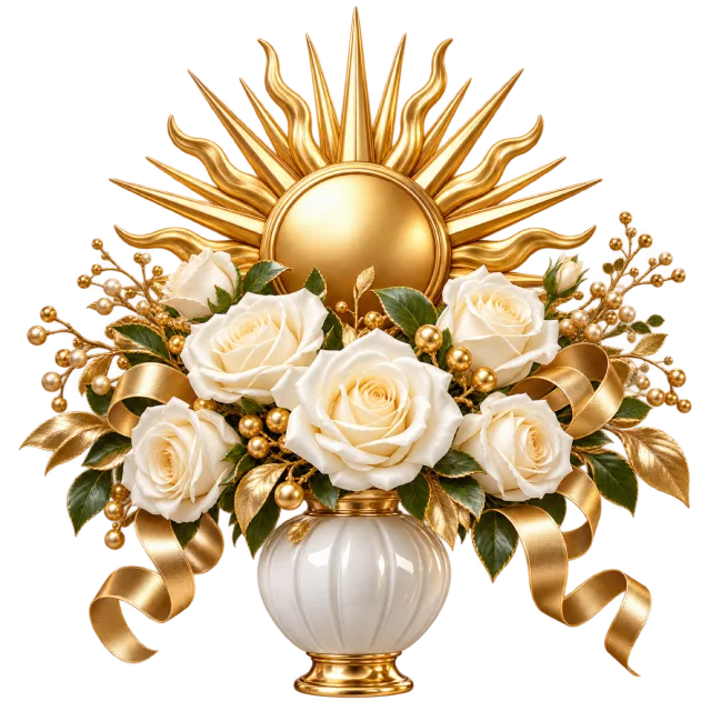 Cream roses and gold-colored foliage arranged beneath a radiant gold sun ornament