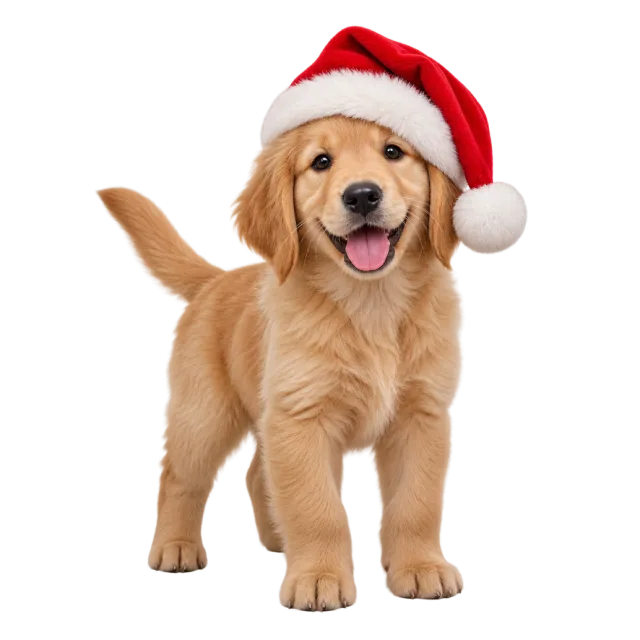 A golden puppy wearing a red and white Santa hat