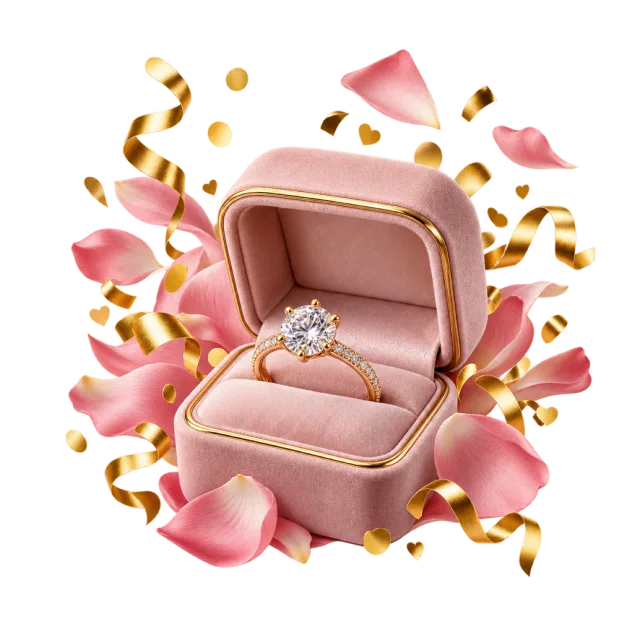 Open pink ring box with a sparkling ring surrounded by petals and gold-colored confetti