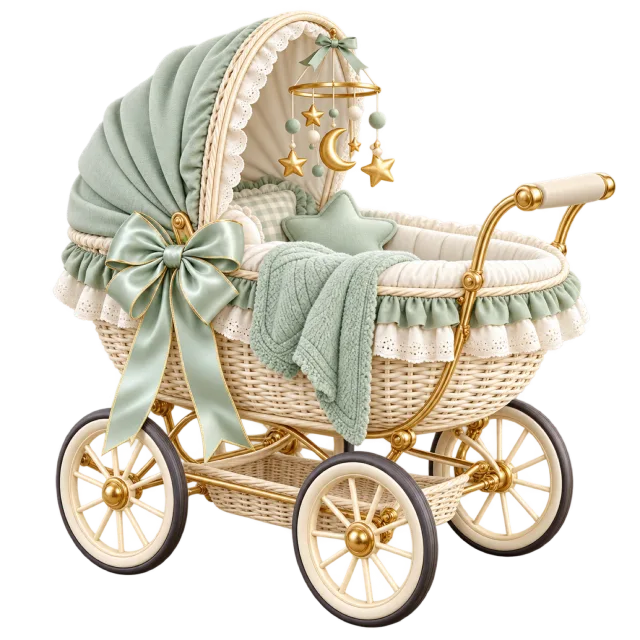 Pale green vintage-style baby pram with cream trim, bows and a small hanging mobile