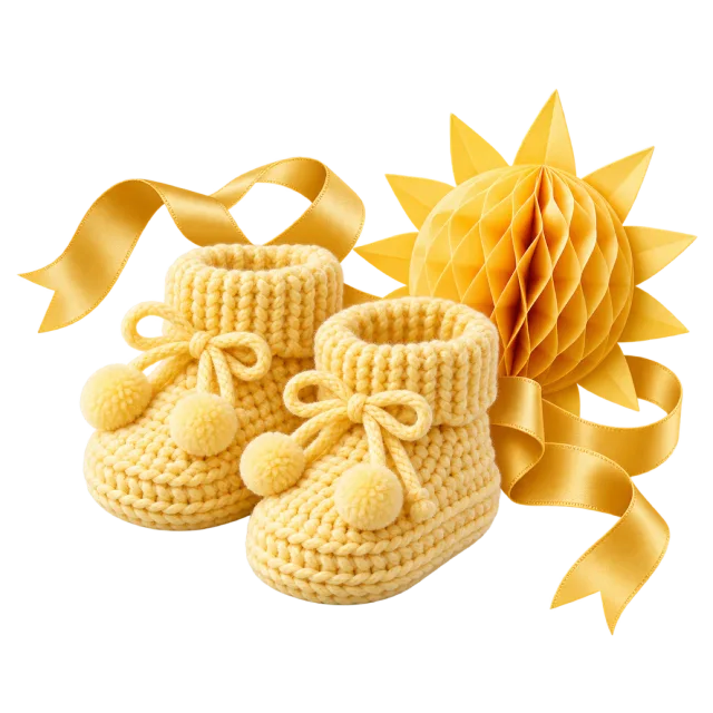 Pair of yellow knitted baby booties beside a paper-style sun and curling ribbons