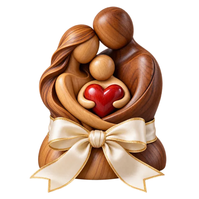 Wood-carving-style family sculpture holding a red heart above a cream ribbon bow