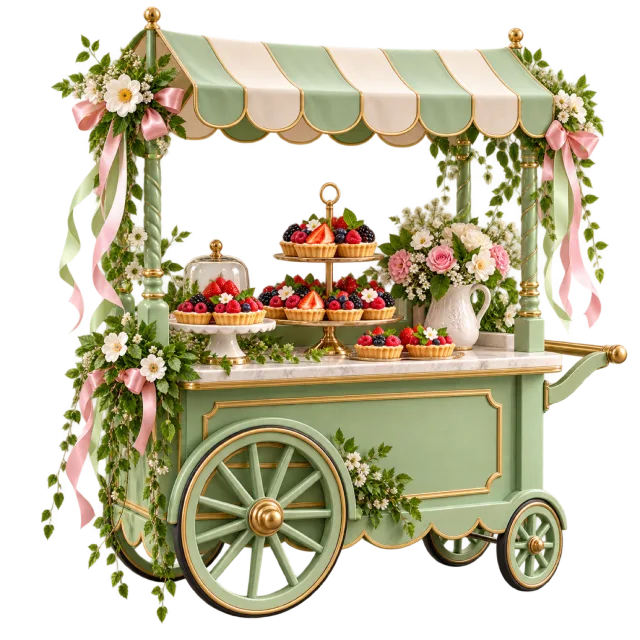 Sage green dessert cart with striped canopy, floral decorations and trays of treats