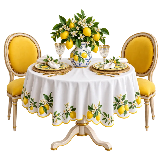 Round garden party table with lemon-patterned cloth, flowers, tableware and two yellow chairs