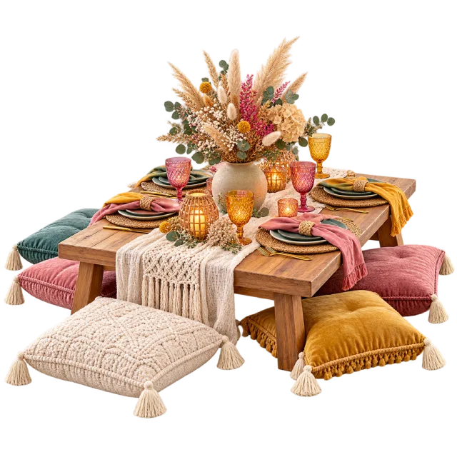 Low wooden picnic table with colorful cushions, table settings, candles and dried flowers