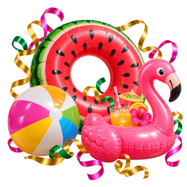 Watermelon swim ring, pink flamingo float and striped beach ball surrounded by ribbons