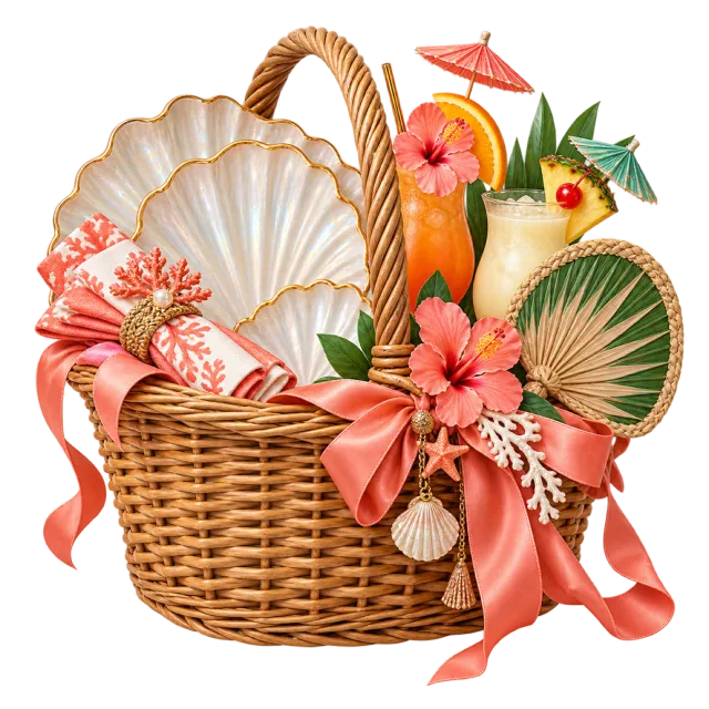 Woven beach basket with shells, flowers, tropical drinks and a coral bow