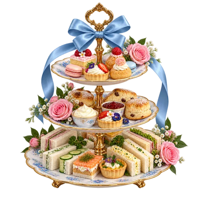 Three-tier tea party stand with sandwiches, pastries, pink roses and a blue bow