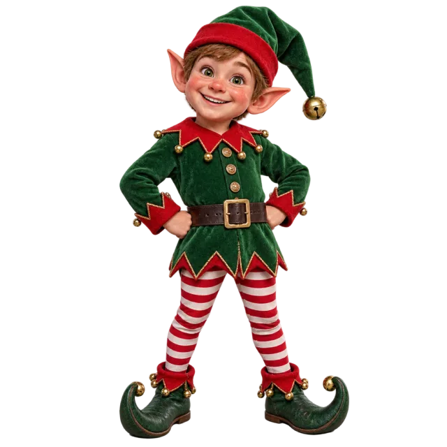 A smiling elf wearing a green outfit, striped tights and curled shoes