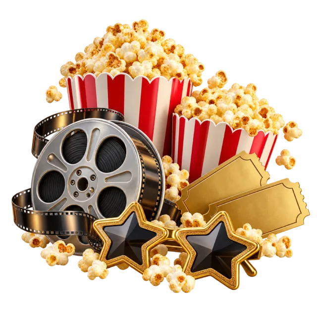 Movie party arrangement with popcorn tubs, a film reel, blank tickets and star-shaped glasses