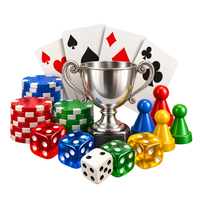 Game-night arrangement with a trophy, playing cards, dice, chips and colorful game pieces