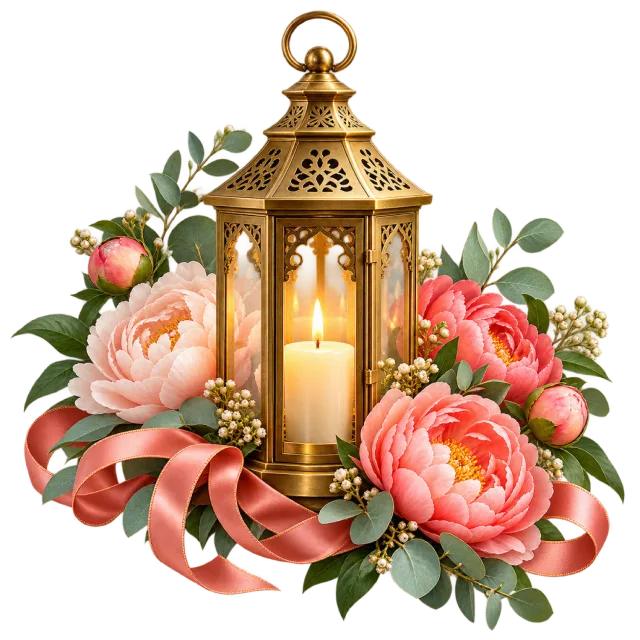 Gold-colored candle lantern surrounded by pink flowers, greenery and coral ribbons