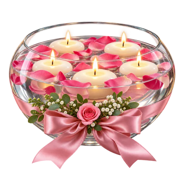 Clear bowl with floating candles and pink petals tied with a pink ribbon and small flowers