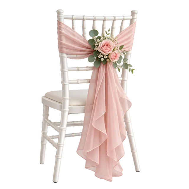 White party chair with a draped pink sash and a small floral arrangement