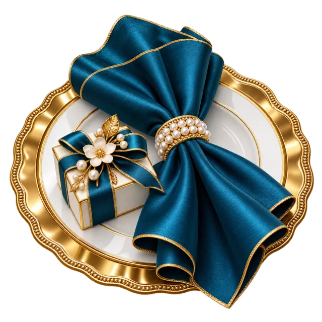 Gold-rimmed plate with a teal napkin, pearl-like napkin ring and small matching favor box