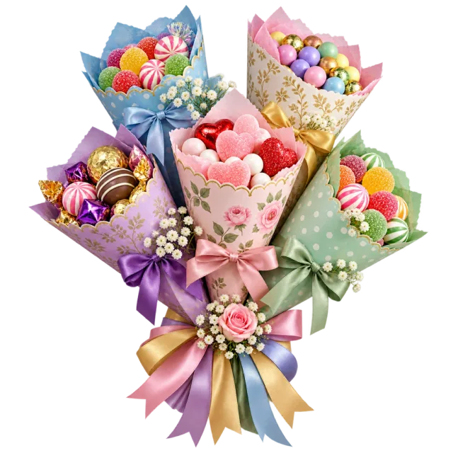 Bouquet of pastel paper favor cones filled with sweets and tied with multicolored ribbons