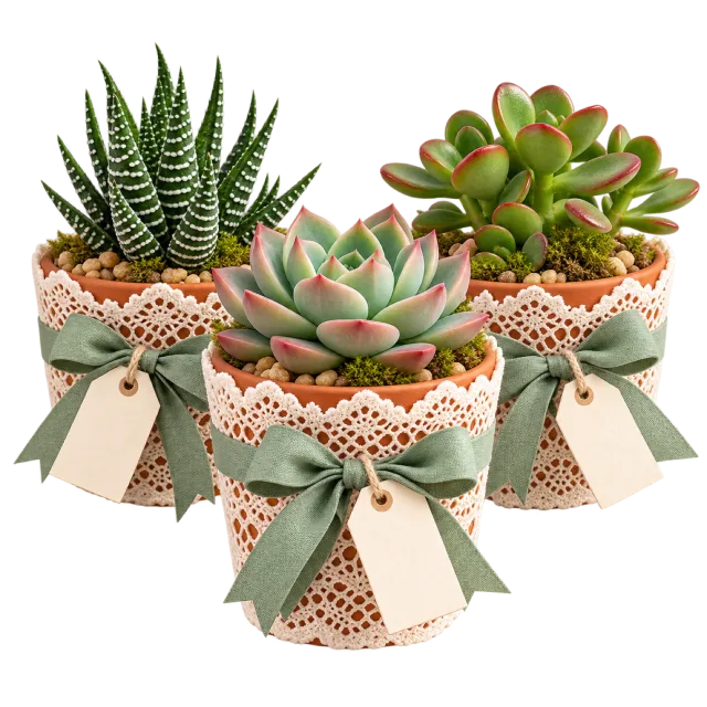 Three small succulent pots wrapped in lace-style paper with green bows and blank tags