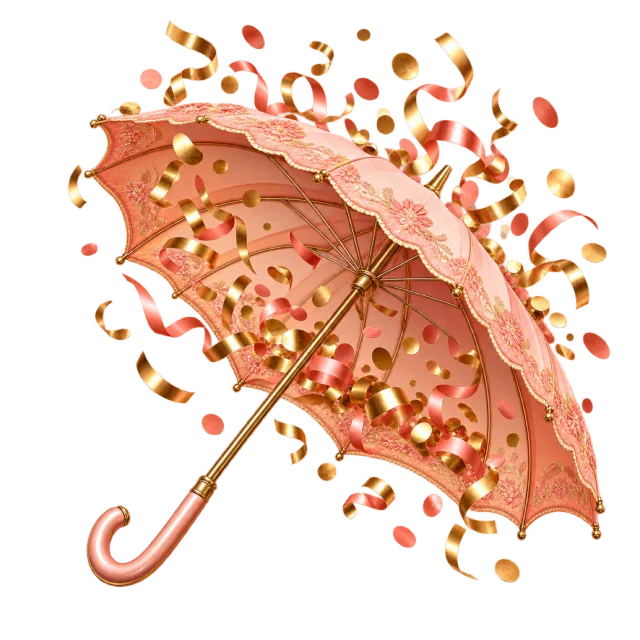 Open pink umbrella surrounded by gold-colored confetti and curling ribbons