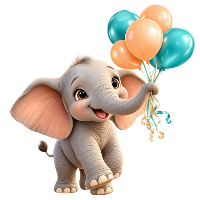 Smiling baby elephant holding a bouquet of turquoise and peach balloons