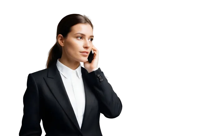 Woman with tied-back dark hair looking to the side while holding a phone on a transparent background