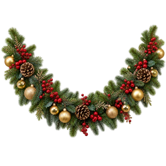 A curved evergreen garland decorated with gold baubles, pinecones and red berries