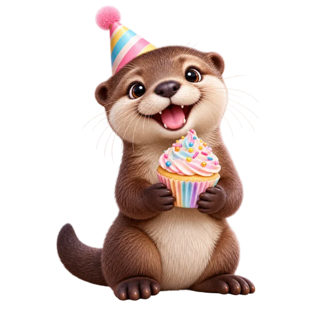 Smiling otter wearing a pastel party hat and holding a pink iced cupcake