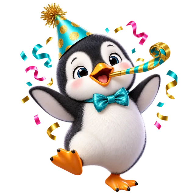 Penguin wearing a teal party hat and bow tie while blowing a party horn amid confetti