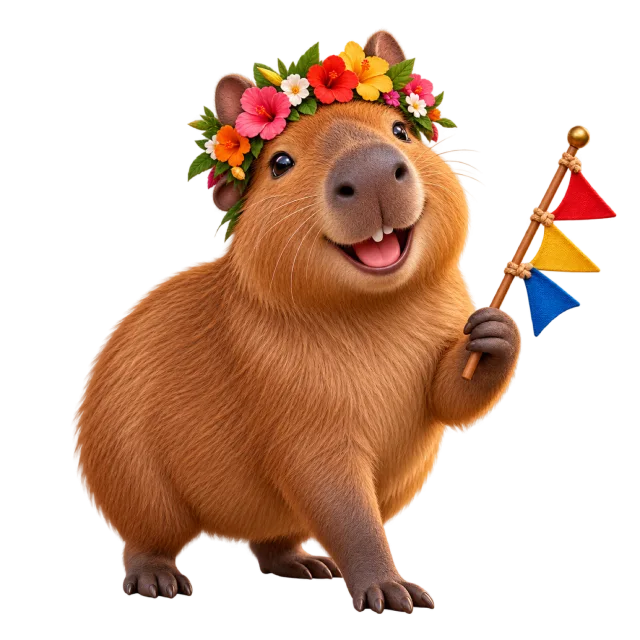 Smiling capybara with a flower crown holding a stick of colorful pennants
