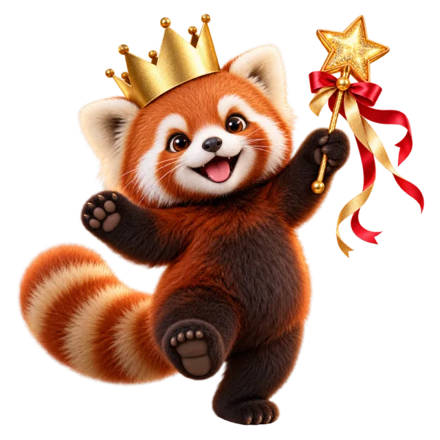 Red panda wearing a gold-colored crown and holding a ribboned star wand