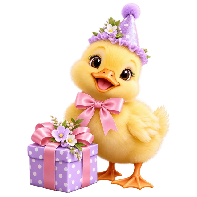 Yellow duckling wearing a purple party hat beside a lavender gift box