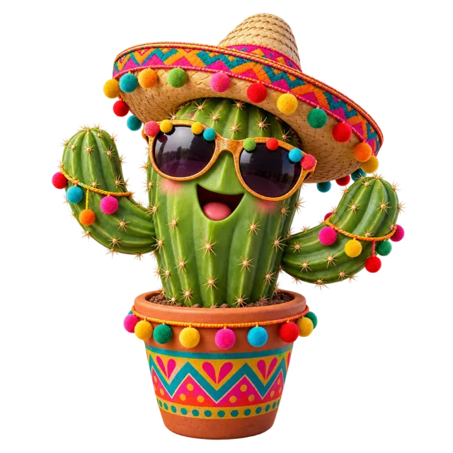 Smiling cactus with sunglasses and a colorful sombrero in a patterned flowerpot