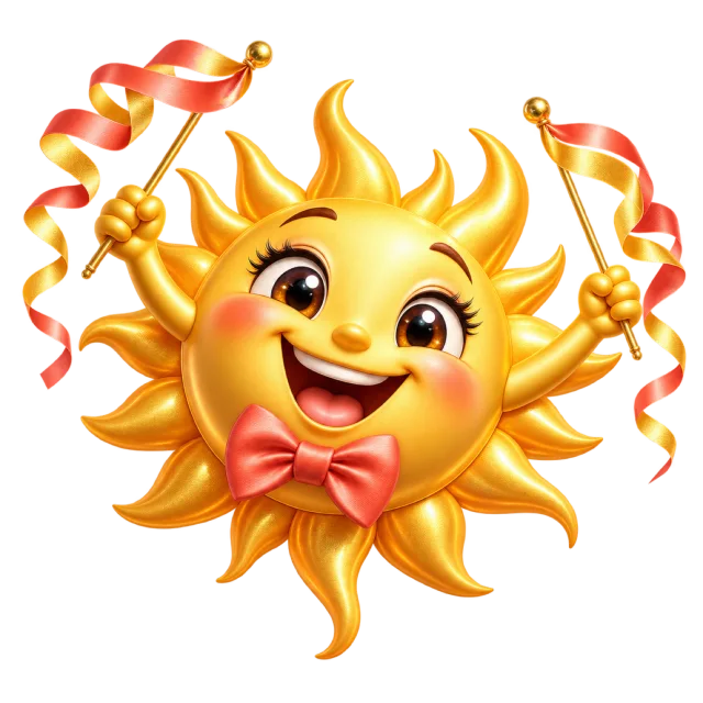 Smiling sun character with a coral bow tie holding colorful curling ribbons