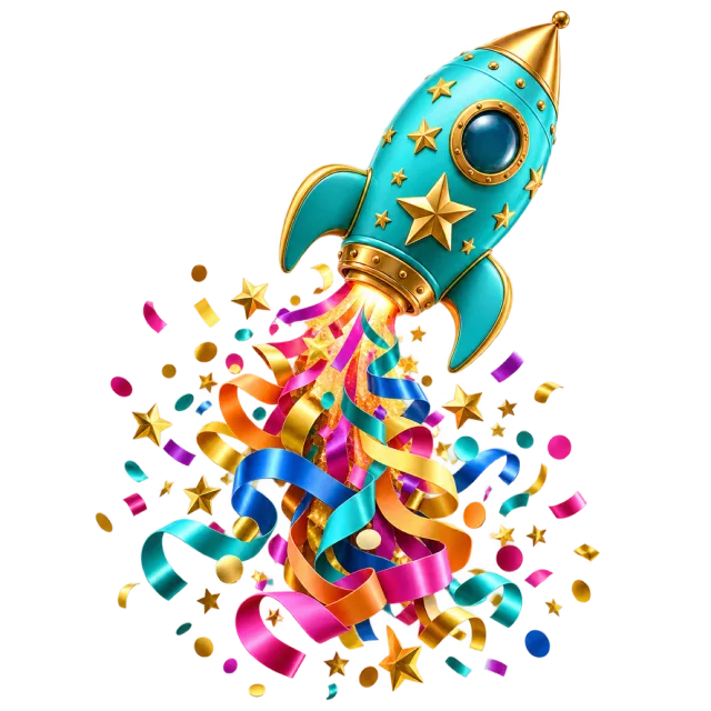Teal and gold toy rocket launching above a burst of ribbons, stars and confetti