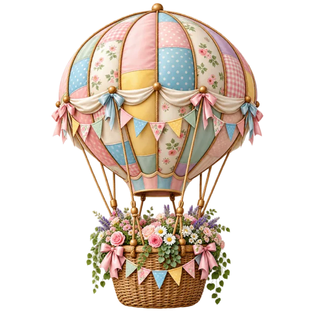 Pastel patchwork hot air balloon with bows and a flower-filled basket