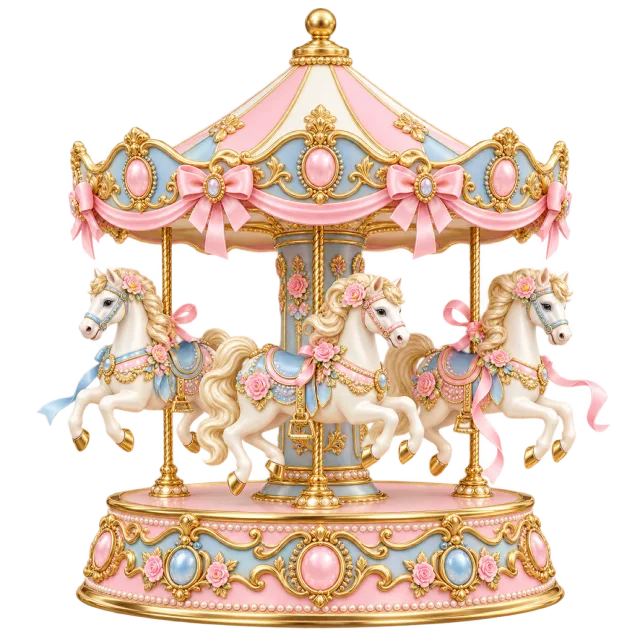 Pink and gold miniature carousel with decorated white horses and ribbon bows
