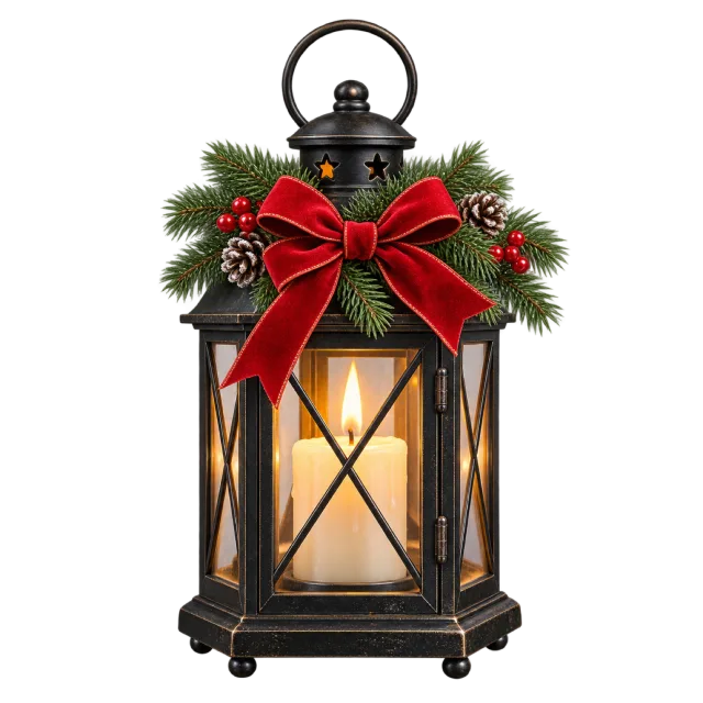 A black lantern holding a glowing candle with evergreen trim and a red bow