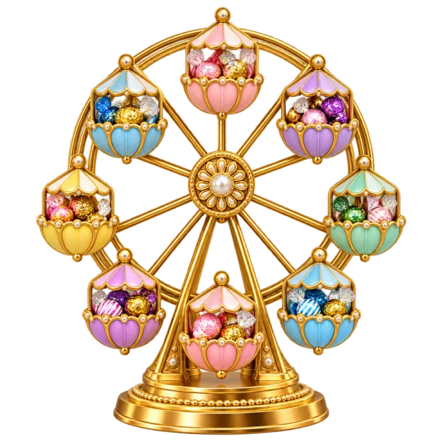 Gold-colored miniature Ferris wheel with colorful flower-filled gondolas