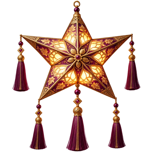 Glowing ornamental star lantern with patterned panels and burgundy tassels