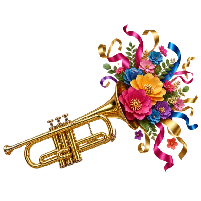Gold-colored trumpet filled with colorful flowers and curling ribbons