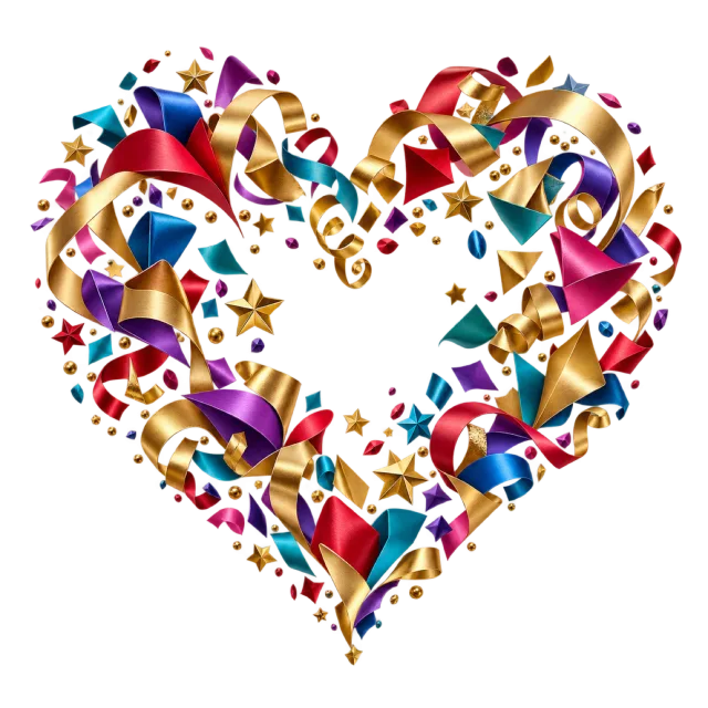 Heart-shaped arrangement of colorful ribbons, stars and confetti around an open center