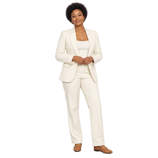Woman standing in an ivory pantsuit and white top with her hands together