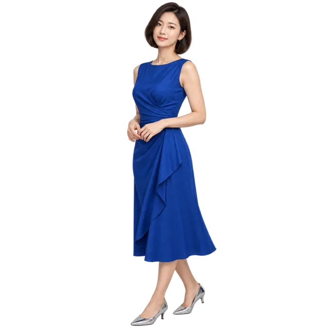 Woman in a sleeveless cobalt blue midi dress and silver-colored heels